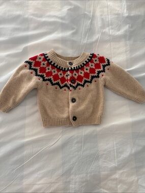 Petit Bateau Beige Knit Cardigan with Red & Black Fair Isle Yoke